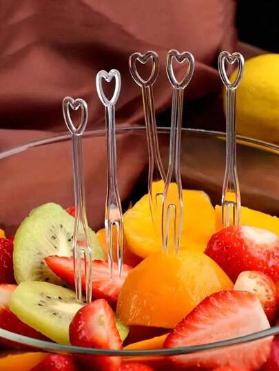 50pcs/100/500pcs Clear Heart-Shaped Fruit Forks, Dessert Forks, Appetizer Forks With Double Prongs, Suitable For Bars, Clubs, Restaurants, Household, Kitchen Tools, Kitchenware, Kitchen Accessories, Home Kitchen Supplies Mother's Day Graduation