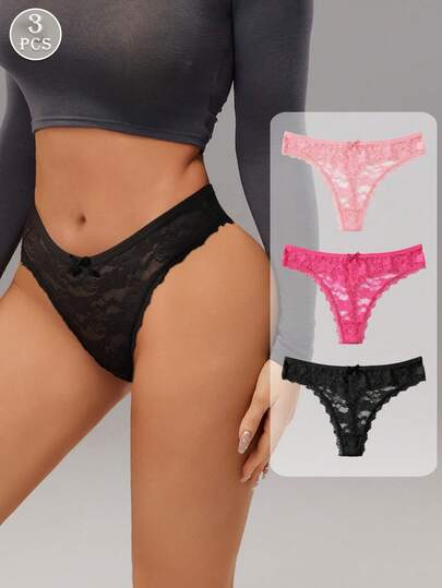 ROMWE Kawaii 3 件装多色性感蕾丝拼接女士丁字裤，可爱蝴蝶结短裤，柔软舒适内衣