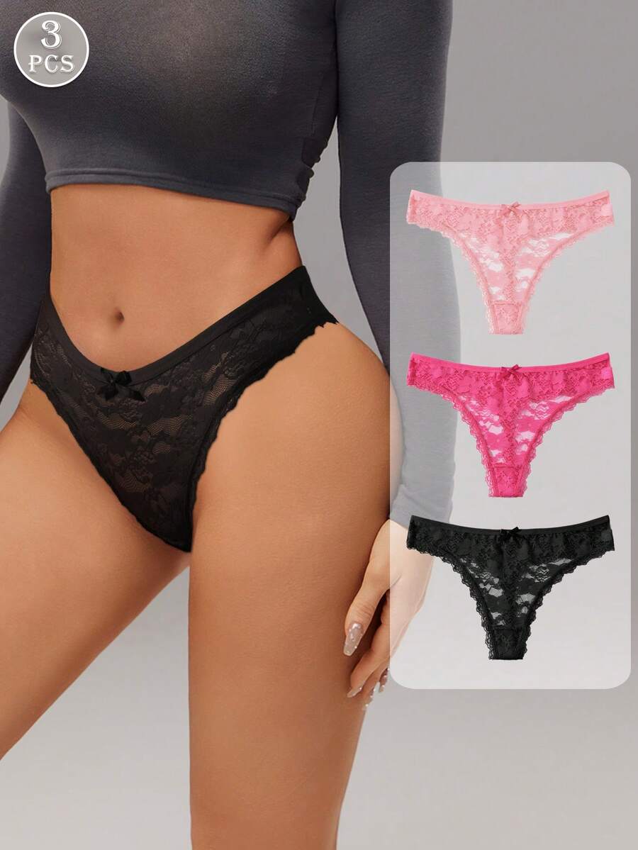Quần lót lọt khe ren gợi cảm nhiều màu/gói 3 chiếc/gói dành cho nữ, quần đùi nơ dễ thương, đồ lót mềm mại và thoải mái