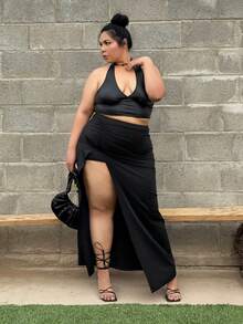 Truni Elyhuante_03 Plus Size Women's Solid Color Simple Side Slit Long Skirt, For Pear Triangle Body Shape