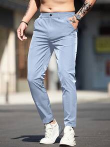 Men's Solid Color Slant Pocket Casual Slim Fit Pants, Suitable For Daily Commute - Baby Blue - View 5