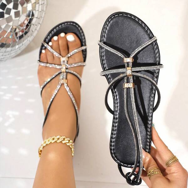 Women's Flat Sandals With Crystal Decorations, Open Toe Design, Fashion & Comfortable, Suitable For Summer Casual And Vacation Wear, Adding Sparkling Details To Your Summer Wardrobe