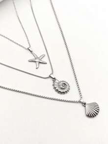 3pcs Set Fashionable Ocean Style Stainless Steel Necklace Set With Starfish/Shell/Conch Pendants, Can Be Used As Gifts - Silver - View 8