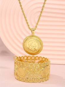 1 Set Middle East Style Fashion Palace Hollowed-Out Sunflower Round Pendant Necklace, Matching Napoleon Coin Portrait Engraved Adjustable Bangle, Suitable For Wedding, Party, And Event Wear