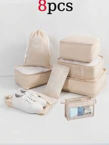7 pièces Set d'organisateurs de voyage portables, fabriqués en tissu léger et résistant aux plis, incluant des cubes d'emballage pour vêtements, des sacs à chaussures transparents, une pochette pour cosmétiques, un sac de toilette, un sac à linge en maille, un design à compartiments efficace pour les valises et les rangements d'armoire à la maison - Multicolore - Voir 19