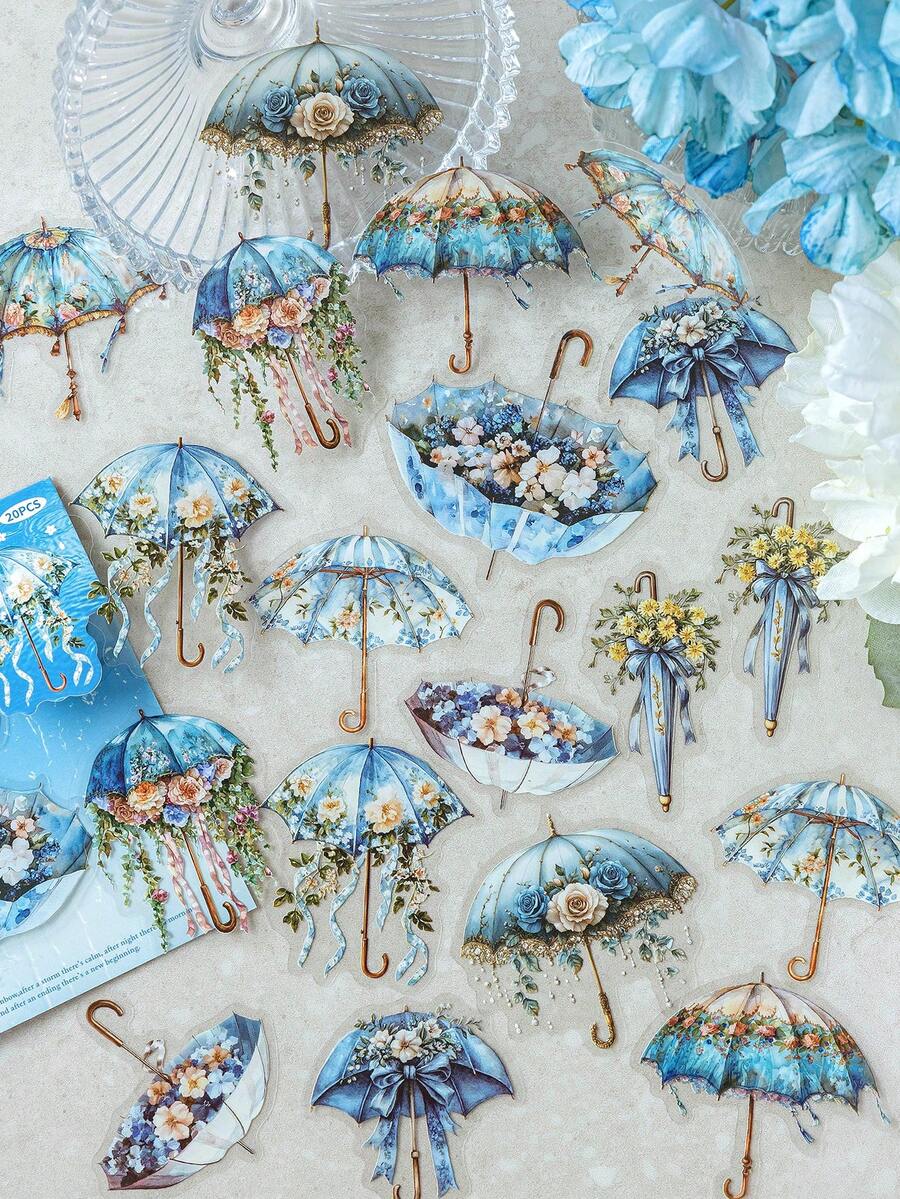 CANDY POETRY 20张/包 雨伞主题装饰贴纸，创意美学贴纸工艺品，DIY剪贴簿材料，节日礼物，个性化剪贴簿学习用品，返校季剪贴簿用品趣味贴纸笔记本电脑贴纸 Kindle手机贴纸 - 藍色 - 查看 1