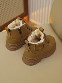 A Pair Of Children's Snow Boots For Autumn And Winter, New Lace Up Zipper Design, Thick And Warm, Lightweight And Fashionable Outdoor Snow Boots - Yellow - View 2