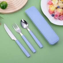 3pcs Stainless Steel Tableware Set - Portable Travel Tableware Set With Spoon, Fork, Knife - Durable 3 Piecescutlery Set With Portable Box, Suitable For Outdoor, Company Gifts, Picnics - Multicolor - View 5