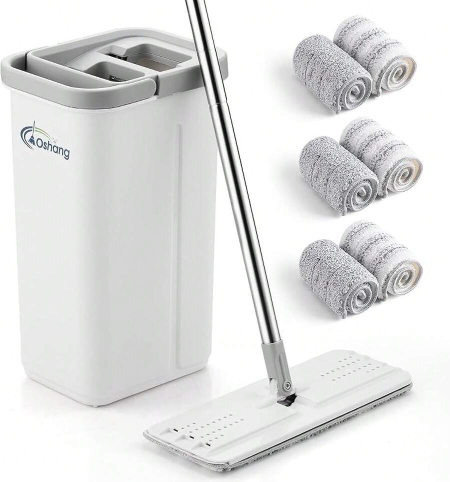 Oshang Flat Mop And Collapsible Bucket OG7 With Wheels, 2 Washable Reusable Microfiber Pads, Pure White - Ivory White - View 1