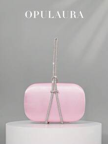 OpulAura European & American Fashion High-End Satin Box-Shaped Evening Bag, Gala Party Bag, Luxury Sparkling Rhinestone Chain Decor Formal Evening Clutch, Elegant Black Formal Handbag, Suitable For Ball, Party, Wedding, Birthday Party And Bridal Use - Pink - View 6