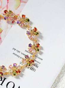 1pc Dopamine Colorful Zirconia Flower Bracelet.18K Gold Plated Multi-Color Zirconia Ladies Decorative Bracelet,Gorgeous And Colorful Fashion Summer Jewelry,Elegant Jewelry Gift.Suitable For Daily,Vacation,Party,Wedding,Gift,Valentine's Day Gift,Birthday Gift.