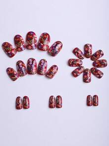 24pcs Short Round Nail Stickers Gift Box, Countryside Cute Cartoon Insect Patterns, Colorful Flowers & Daisy Artistic Graffiti, Meaning Good Luck, Gift For Girls, Essential For Daily Party, Includes Jelly Gel, 1pc Nail File, Manicure Supplies - Multicolor - View 4