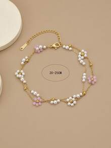 1 件双层彩色串珠花与人造珍珠优雅不锈钢脚链/手链女士款（手工链条、珍珠花与小金珠数量可能有所不同，尺寸以实际为准） - 金黃色 - 查看 2