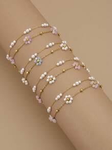 1 peça Pulseira/Tornozelo em Aço Inoxidável Luxuosa de Camada Dupla com Flores de Pérolas Falsas e Contas (Feita à Mão, A Quantidade de Flores de Pérolas e Contas Douradas Pode Variar, o Tamanho é Definitivo)