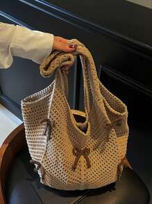 Yogodlns Bolso de hombro de punto casual y de ocio, bolso de mano bohemio y dulce con trenzado, bolso de mano de ganchillo calado con lazo grande, bolso tipo tote para vacaciones de verano para mujer, bolso hobo de unicolor y estético con gran capacidad, bolso de mano de punto grande para uso diario de señoras