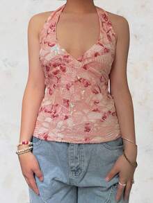 Women's Sequins Halter Tops Stylish Backless V Neck Sleeveless Slim Fit Vest For Summer - Coral Pink - View 4