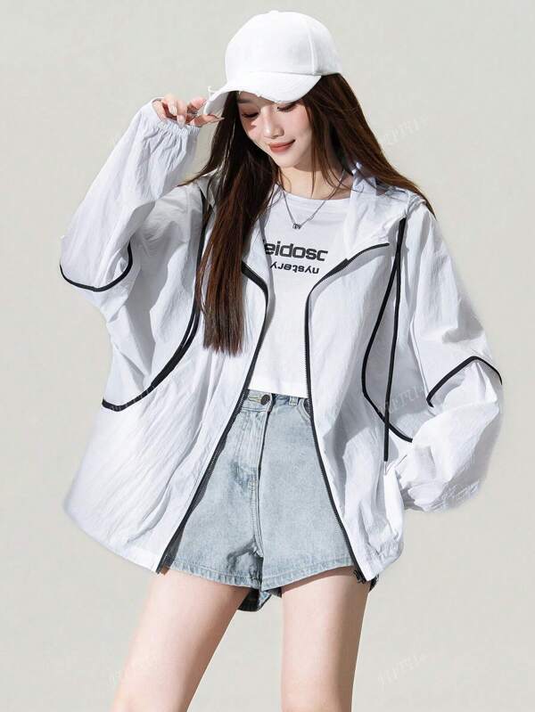 Fashion Zipper Pocket Oversized Colorblock Casual Lightweight Windbreaker Jacket