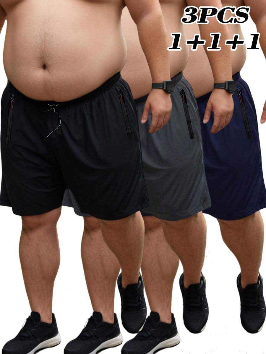 3pcs Plus Size Men's Summer Sports Shorts, Loose Fit Outdoor Lightweight Breathable Casual Shorts