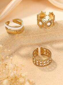 3pcs Fashion Simple Stainless Steel White Oil Drip Ring Set, Suitable For Women's Daily Wear Or Gift - Yellow Gold - View 2