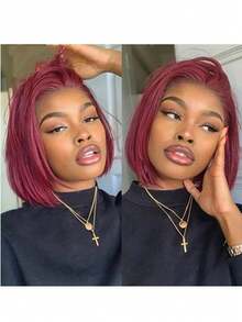 13*4 Transparent Lace Front Human Hair Wig, Pre-Plucked Brazilian Remy Hair Short Bob Wig, Wine Red Straight Hair 8-10 Inch Pixie Cut Wig
