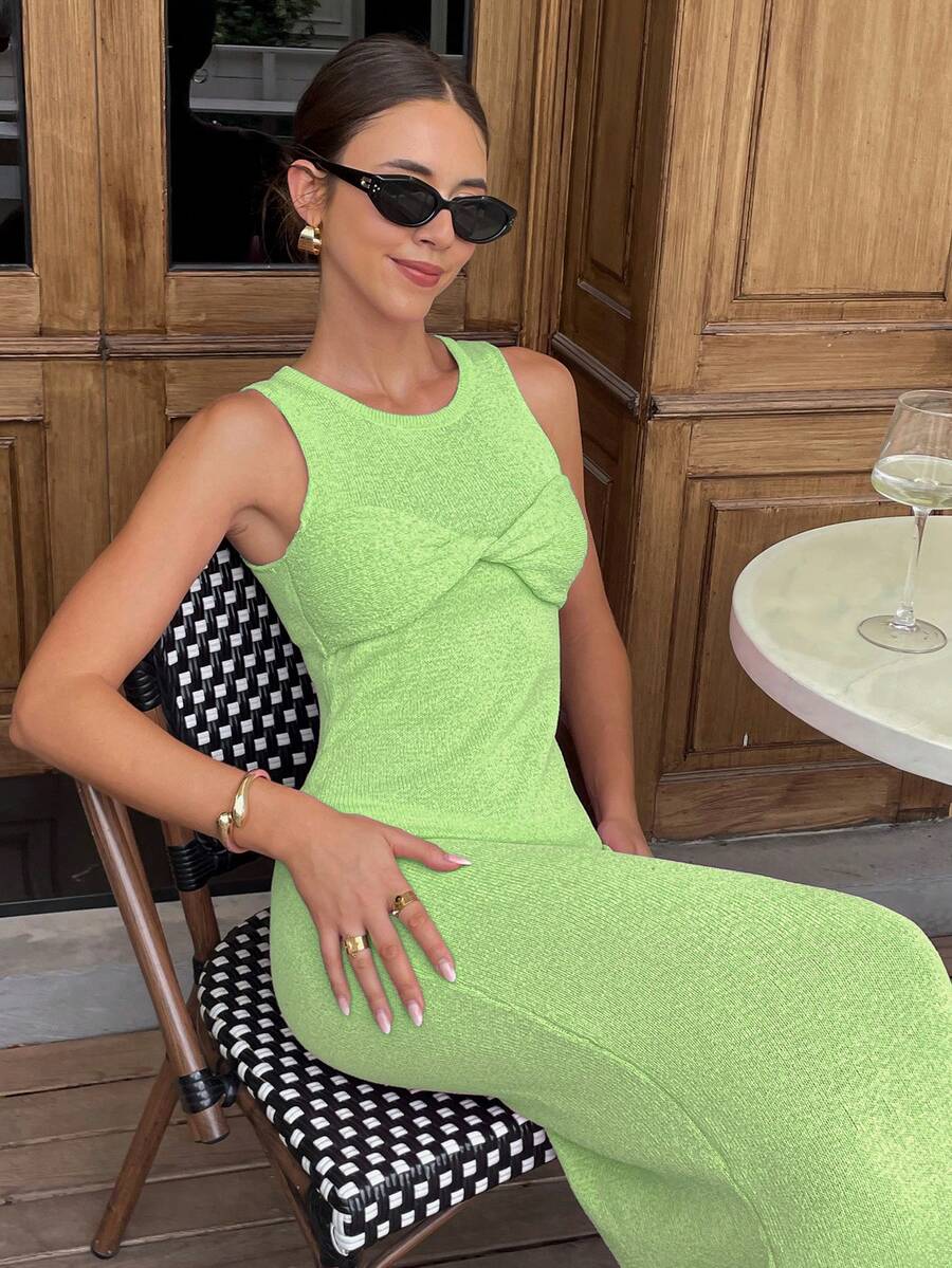 FOR BEAUTY 春夏新款绿色圆领扭纹无袖女毛衣太阳裙定制秀身材沙滩度假风针织长裙度假装