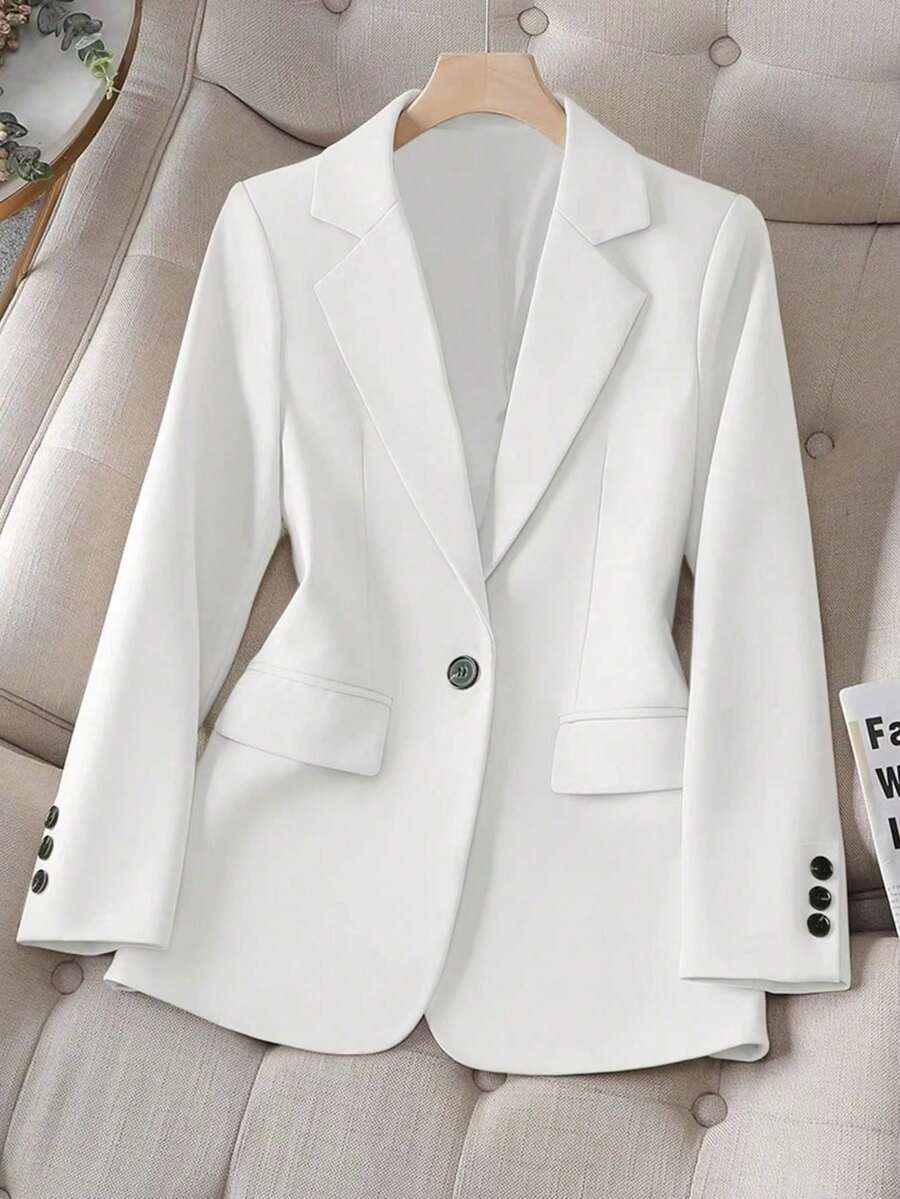 女士纯色立领长袖单排扣休闲/办公薄夹克，秋季 - 白色 - 查看 1