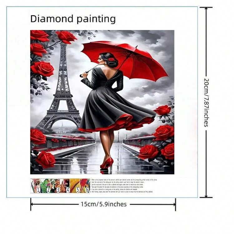 1 Stück 5D DIY Diamant-Malerei Acryl Set, Eiffelturm & Frau mit Regenschirm und Rose, Mosaik Wandkunst Dekoration für Büro, Schlafzimmer, Wohnzimmer - Verschiedenfarbig - Übersicht 10