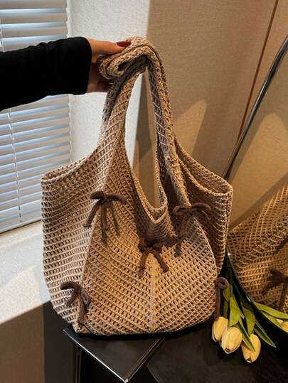 Livesso Bolso de hombro de punto casual y de ocio, bolso de mano bohemio y dulce con trenzado, bolso de mano de ganchillo calado con lazo grande, bolso tipo tote para vacaciones de verano para mujer, bolso hobo de unicolor y estético con gran capacidad, bolso de mano de punto grande para uso diario de señoras
