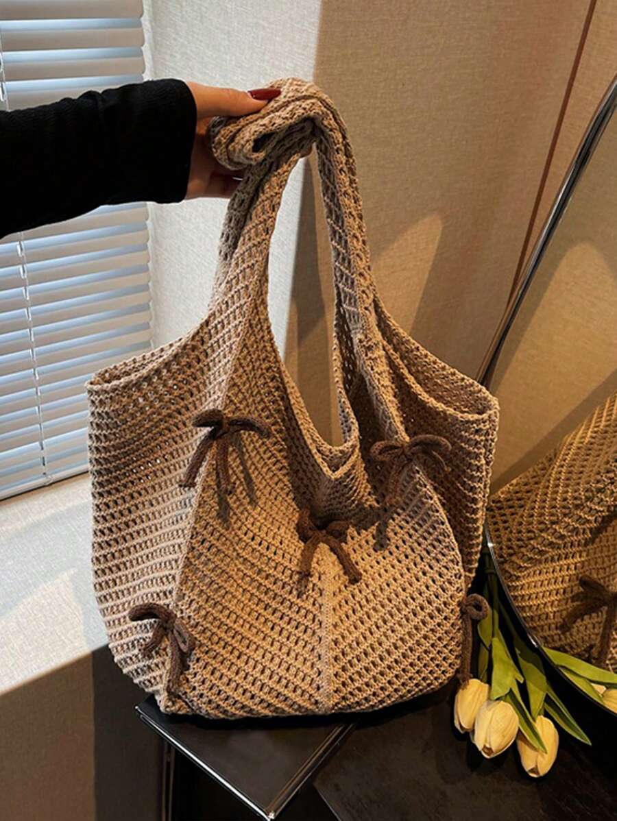 Yogodlns Bolso de hombro de punto casual y de ocio, bolso de mano bohemio y dulce con trenzado, bolso de mano de ganchillo calado con lazo grande, bolso tipo tote para vacaciones de verano para mujer, bolso hobo de unicolor y estético con gran capacidad, bolso de mano de punto grande para uso diario de señoras
