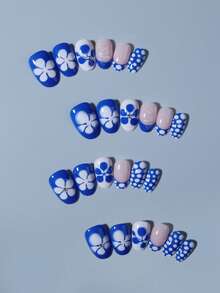 24Pcs Short Oval Flower Nails 3D Gelnail Makes Design French Acrylic Press On Nails Short Perfect Fit Fake Nail Set,Include: 1Pc Jelly Glue And 1Pc Nail File,Easy To Wear Summer Nails & French Tip Press On Nails Art For Women And Girls Daily Life Rave Party Use Nail Supplies Nails - Blue - View 3