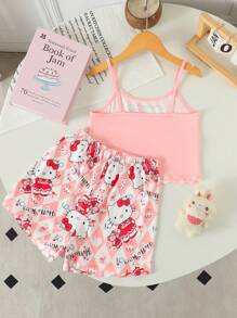 Sanrio Sanrio Girls' Plus Size Hello Kitty Pink Sleepwear Set, 2025 New Summer Cute Spaghetti Strap Ruffle Trim Short Pajama Top & Shorts