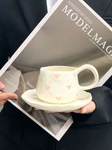 1 Pc/2 Pcs High-End Heart-Shaped Pinched Ceramic Coffee Cup & Saucer Set, Hand-Painted Pink Coffee Cup, Dessert Plate, Latte Mug, Elegant Heart-Shaped Cup & Saucer, Afternoon Tea Set, Milk Cup, Mother's Day Gift, Valentine's Day Gift, Ideal Gift Back To School