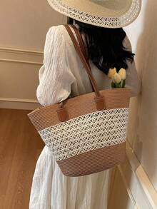 2026 New Straw Tote Bag, Large Capacity Straw Bag, Fashion Versatile Commuter Shoulder Bag, Beach Bag, Travel Vacation Bag, Striped Woven Straw Tote Bag For Women - Beige - View 7