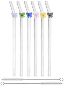 6er Pack wiederverwendbare Glas-Trinkhalme mit Schleifen-Charm - bruchsichere gebogene Trinkhalme Set + Reinigungsbürste - elegante Trinkhalme für Cocktails, Smoothies & kalte Getränke (20cm)