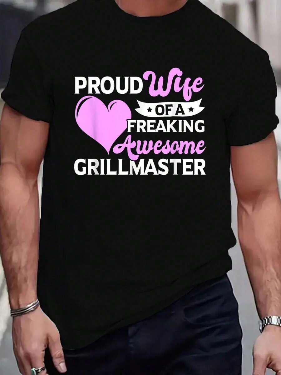 100% Cotton BBQ Grill Master Grilling Barbecue Grillmaster Wife T-Shirt Print T-Shirt Casual Crew Neck Short Sleeve Comfort Tee Top For Spring & Summer Men's Clothing - Black - View 1