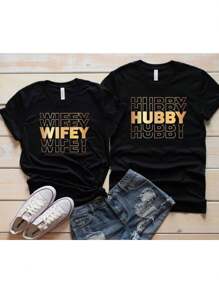 LZJSHOP-100% Cotton Matching Couple Black Crew Neck Short Sleeve T-Shirt Soft Comfortable Fabric Fashion 'Wife And Husband' Design Casual Fashion Style Suitable For Daily Wear Perfect For Engagement Anniversary Perfect For Couples Family Friends