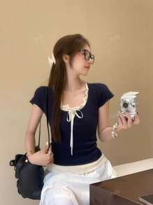 Summer Tie-Up Color Block 2 In 1 Short Sleeve T-Shirt, Design Details, Ruffle Hem, Slim Fit, Textured Ladies Top