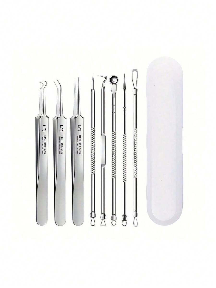 8pcs Black Head Removal Tools, Acne Extractor Kit For Pimple, Blackhead, Whitehead & Facial Blemish Extraction,Blackhead Remover,Beauty,Skin Care Products,Spa,Self Care,Skin Care Tools,Face Care,Esthetician Supplies,Skin,Face Wash,Facial - Silver - View 1