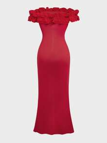 Floreya elegantes rotes Rüschenkleid mit Off-Shoulder für Date Nights und Feiertage, figurbetontes Meerjungfrauenkleid in Maxilänge - Rot - Übersicht 5