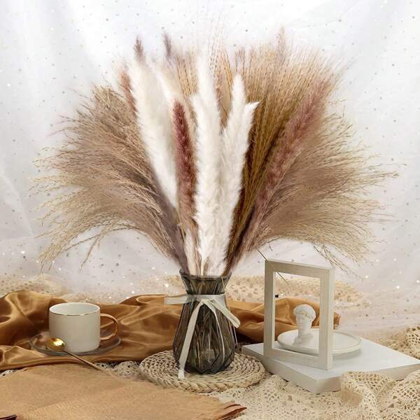 60 Pcs Pampas Grass Decor Set With Bunny Tail Dried Flowers Boho Wedding Reed Bouquets For Home Table Rustic Farmhouse Party Decorations