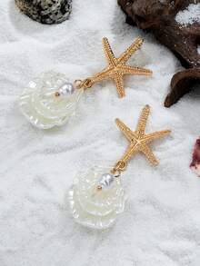 1 对时尚海滩度假风格锌合金海星珍珠贝壳吊坠耳环，适合女性度假穿着 - 彩色 - 查看 4