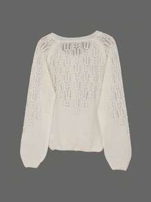 女士针织开衫，圆领长袖纽扣镂空透明毛衣外套，时尚优雅，春秋季 - 米色 - 查看 4