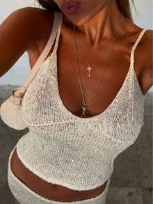 大码女士Y2K性感亮片针织上衣，露背V领闪亮吊带背心，女士夏季休闲外出假日派对夜店音乐节 - 白色 - 查看 3