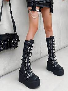 Y2k Women Platform Boots Wedges High Heels Gothic Punk Motorcycle Combat Knee High Boots Buckle Decor Shoes - 黑色 - 查看 3