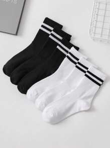 1/3/6 paires/Set Chaussettes mi-mollet pour hommes à motif rayé en noir et blanc