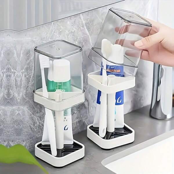 1 pièce Ensemble de porte-brosse à dents moderne amélioré avec gobelet de rinçage - Design gain de place, parfait pour l'organisation et la décoration de la salle de bain, idéal pour ranger le dentifrice et la brosse à dents, convient pour la maison, le dortoir, l'hôtel Retour à l'école