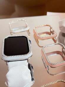 1pc Shiny Rhinestone Decor Hollow Watch Case, With Scratch-Resistant Laser Engraved Frame, Fit For Apple Watch 40/41/42/44/45/46/49mm, Suitable For Apple Watch Series Ultra/SE/11/10/9/8/7/6/5/4, Smart Watch Case Accessory - Hollow White + Gold - View 8