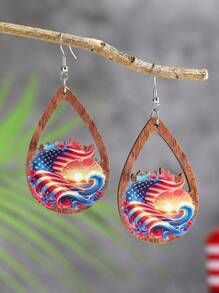 1 Pair New American Independence Day Themed Wooden Water Drop Earrings, Hollow Earrings With Flag & Rooster Design, Fashion Jewelry Gift For Friends
