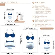 2 件/套无框水彩复古风格泳衣艺术帆布画，海军蓝和白色泳衣艺术，海滨别墅装饰，湖畔别墅墙壁艺术，儿童房装饰，海报，墙壁艺术，房间装饰用品，沿海装饰墙壁艺术 - 彩色 - 查看 5