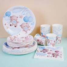 68/10/Set, Blue And Pink Teddy Bear Themed Party Supplies, Disposable Party Plates, Party Paper Plates. Includes 7-Inch Plates, 9-Inch Plates, Paper Cups, And Tissue Sets. Suitable For 16 People, Picnic Supplies, Birthday Parties, Camping, Decoration, And Celebration Events. Party Gifts, Bridal Showers, Cartoon Animals, Cute, Blue, Pink, Bear - Multicolor - View 2
